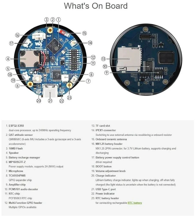Alt view image 7 of 7 - ESP32-S3 1.46inch Round Display Development Board 412×412 Resolution 16.7M Color Capacitive Touch IPS Display Panel Onboard Speaker and Microphone