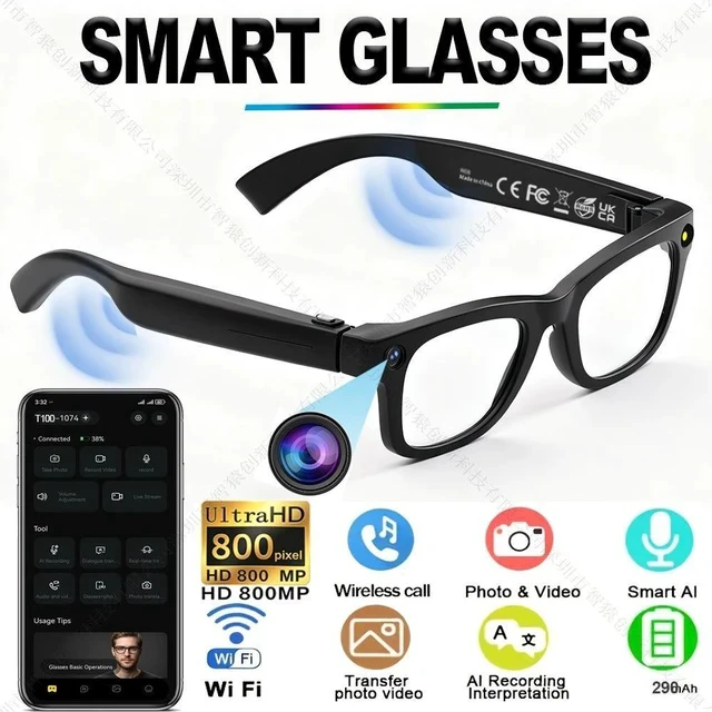 Alt view image 2 of 2 - T100 AI Smart Glasses 8MP Camera, Photo/Video Recording, Bluetooth Calling, Real-Time Translation, Smart Glasses for Travel & Daily Use