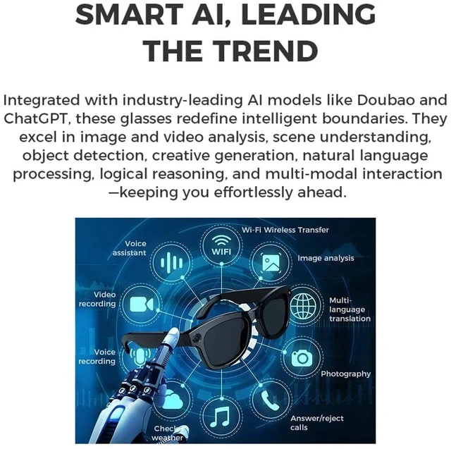 Alt view image 5 of 6 - M01 Smart Video Glasses 1080P HD Camera, AI Object Recognition, Real-Time Translation, 5MP Video Recording, Smart Glasses for Travel & Learning - Sunglass lenses