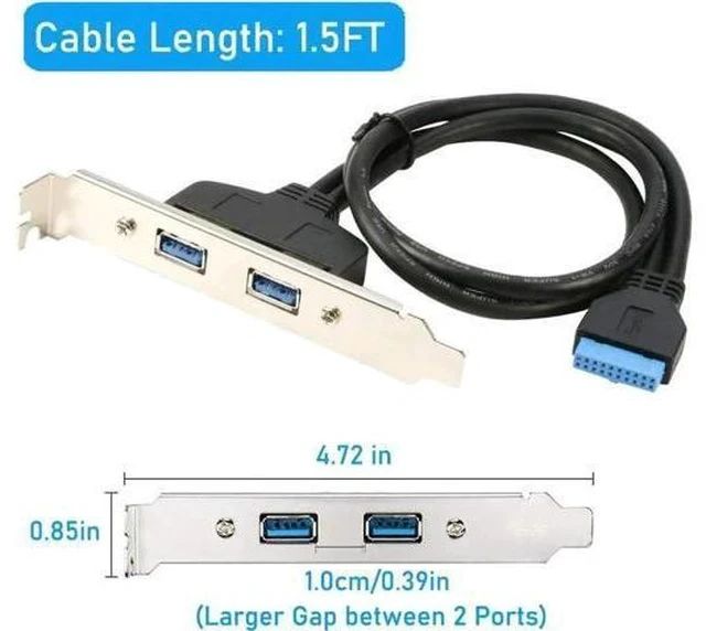 Alt view image 3 of 5 - 1.5ft 2 Ports USB 3.0 Female Cable, PCI Slot Plate Bracket Back Panel to 20Pin Motherboard Header Adapter