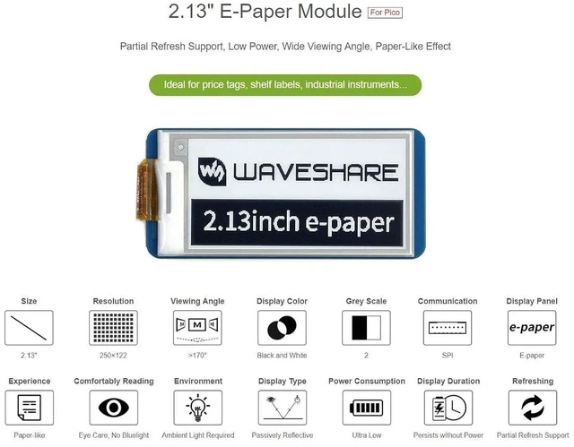 Alt view image 3 of 4 - 2.13inch E-Ink Display HAT 250×122 Pixels Black White Two Color E-Paper Module epaper Screen for Raspberry Pi Pico Microcontroller Board,Support Partial Refresh