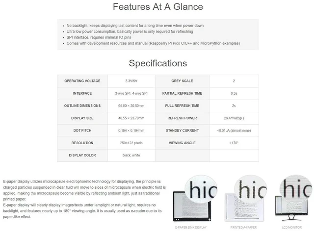 Alt view image 4 of 4 - 2.13inch E-Ink Display HAT 250×122 Pixels Black White Two Color E-Paper Module epaper Screen for Raspberry Pi Pico Microcontroller Board,Support Partial Refresh