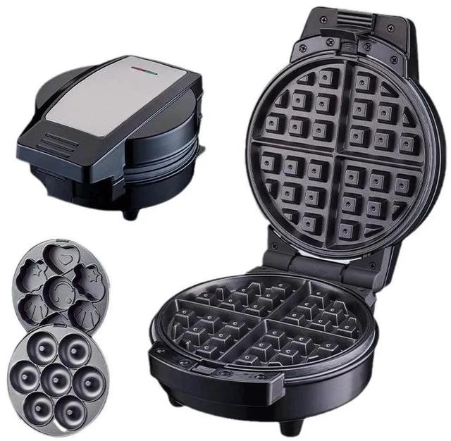 Main image of 3-in-1 Waffle Donut Cake Maker with Interchangeable Plates Non-Stick, 650-800W, for Pancakes, Cookies & Muffins (US Plug)