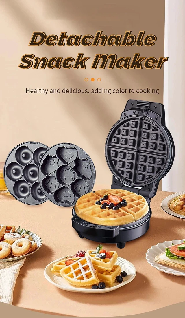 Alt view image 4 of 5 - 3-in-1 Waffle Donut Cake Maker with Interchangeable Plates Non-Stick, 650-800W, for Pancakes, Cookies & Muffins (US Plug)