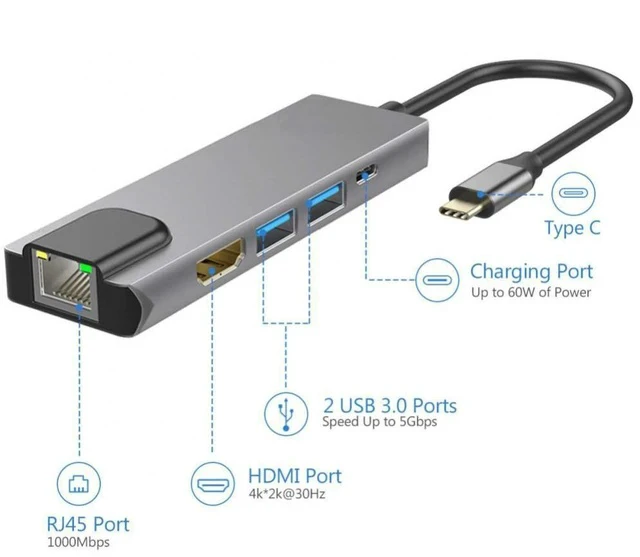 Alt view image 2 of 6 - 5-in-1 Type-C Hub Docking Station USB-C to Gigabit Ethernet Adapter, HDMI 4K, USB 3.0 x2, USB-C PD, USB-C Hub for Laptop / MacBook / Tablet