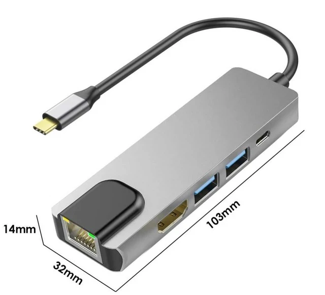 Alt view image 3 of 6 - 5-in-1 Type-C Hub Docking Station USB-C to Gigabit Ethernet Adapter, HDMI 4K, USB 3.0 x2, USB-C PD, USB-C Hub for Laptop / MacBook / Tablet