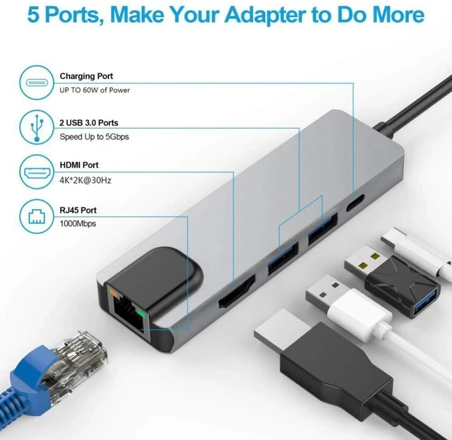 Alt view image 4 of 6 - 5-in-1 Type-C Hub Docking Station USB-C to Gigabit Ethernet Adapter, HDMI 4K, USB 3.0 x2, USB-C PD, USB-C Hub for Laptop / MacBook / Tablet