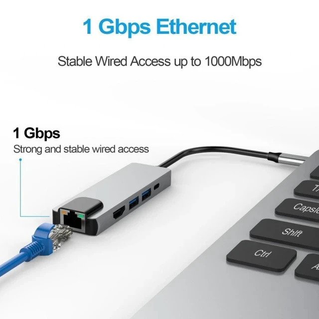 Alt view image 6 of 6 - 5-in-1 Type-C Hub Docking Station USB-C to Gigabit Ethernet Adapter, HDMI 4K, USB 3.0 x2, USB-C PD, USB-C Hub for Laptop / MacBook / Tablet