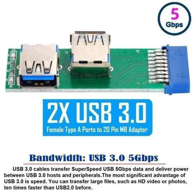 Alt view image 5 of 6 - Dual USB 3.0 A Female to 19/20 Pin Motherboard Header Adapter PCBA with LED Indicator