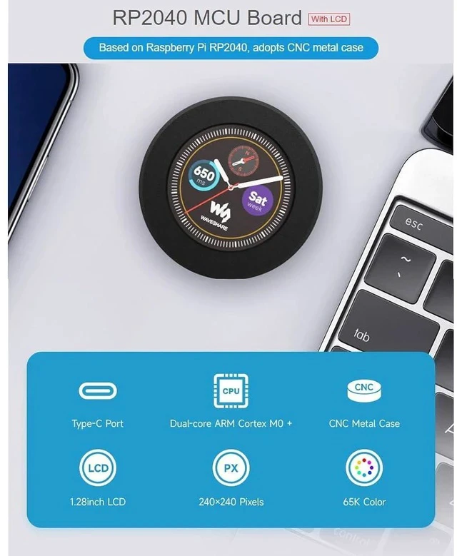 Alt view image 2 of 7 - RP2040 MCU Board with 1.28inch Round Touch LCD with CNC Metal Case 240×240 Pixels 65K RGB Color IPS Display, Based on Raspberry Pi RP2040,Onboard Accelerometer and Gyroscope Sensor