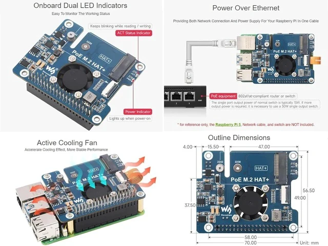 Alt view image 5 of 7 - PCIe to M.2 Adapter with PoE HAT for Raspberry Pi 5,Supports NVMe Protocol M.2 SSD 2230/2242,Supports IEEE 802.3af/at Network Standard
