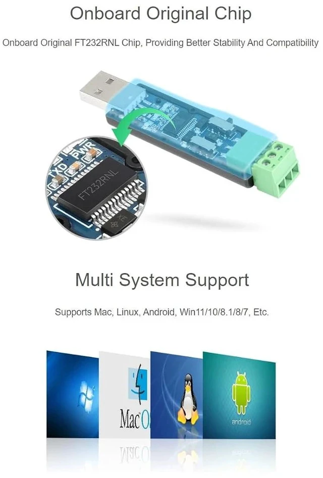 Alt view image 4 of 6 - USB to RS232 RS485 Serial Converter Adapter Onboard Original FT232RNL Chip,Supports Mac, Linux, Android, Win11/10/8.1/8/7