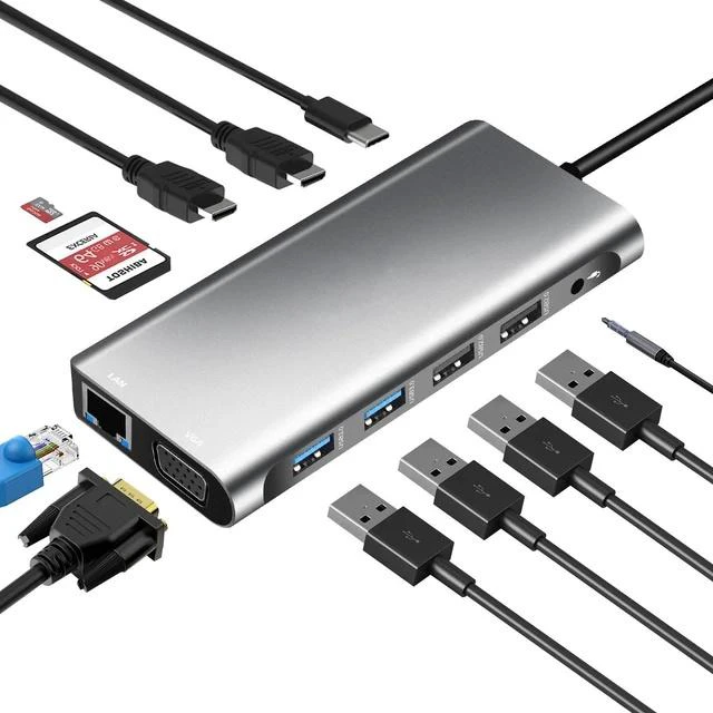 Alt view image 2 of 3 - 12-in-1 Type-C Docking Station USB-C to Dual HDMI 4K + VGA, Gigabit Ethernet, USB 3.0 Hub, SD/TF, PD Charging, Multi-Function Adapter for Laptop / MacBook
