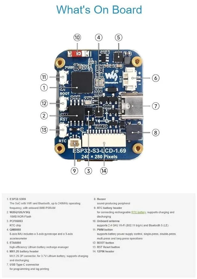 Alt view image 5 of 7 - ESP32-S3 1.69inch LCD Display Development Board,240×280 Pixels 262K Color Micro LCD Display with ESP32-S3,Accelerometer and Gyroscope Sensor