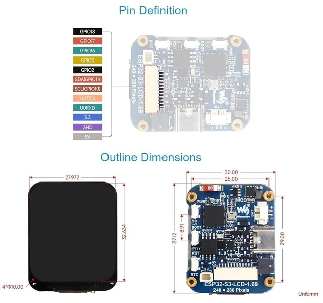 Alt view image 6 of 7 - ESP32-S3 1.69inch LCD Display Development Board,240×280 Pixels 262K Color Micro LCD Display with ESP32-S3,Accelerometer and Gyroscope Sensor