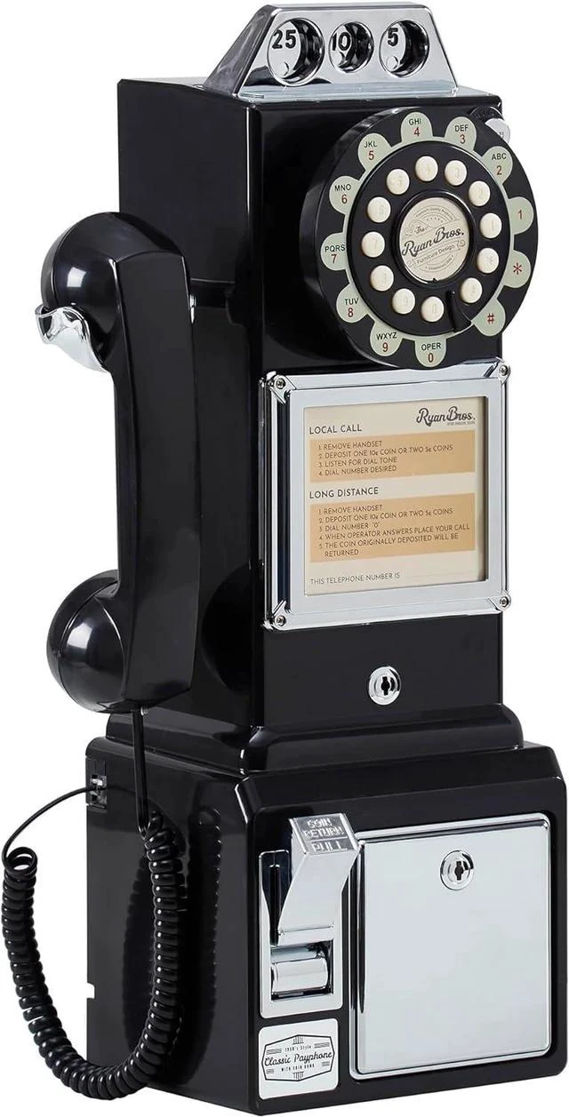 Main image of American Retro 1950's Payphone with Coin Bank Wall-Mount Corded Phone (Black)