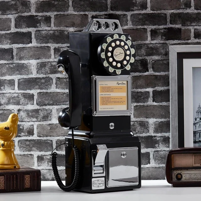 Alt view image 2 of 7 - American Retro 1950's Payphone with Coin Bank Wall-Mount Corded Phone (Black)