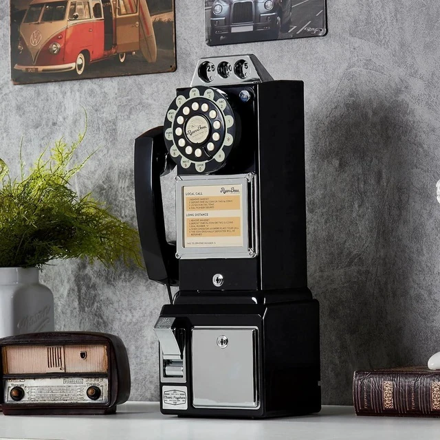 Alt view image 3 of 7 - American Retro 1950's Payphone with Coin Bank Wall-Mount Corded Phone (Black)