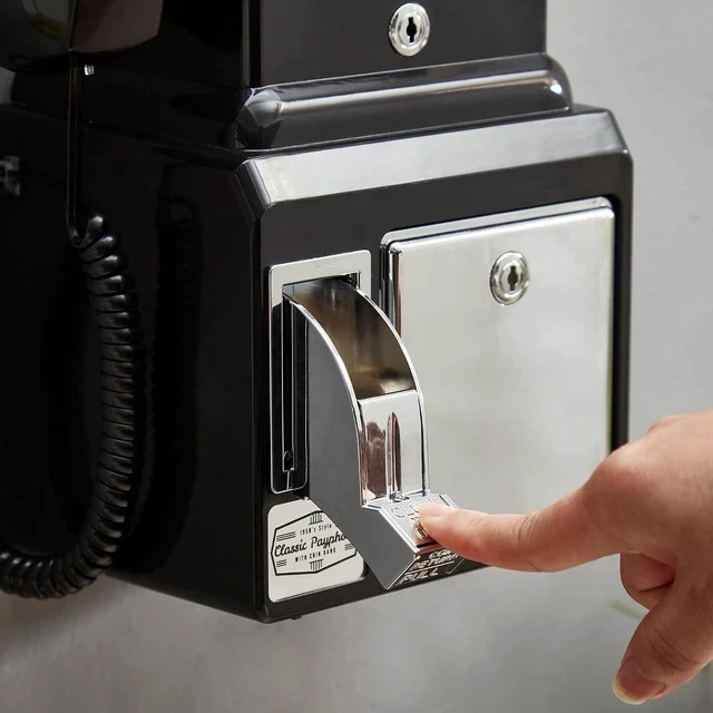 Alt view image 4 of 7 - American Retro 1950's Payphone with Coin Bank Wall-Mount Corded Phone (Black)
