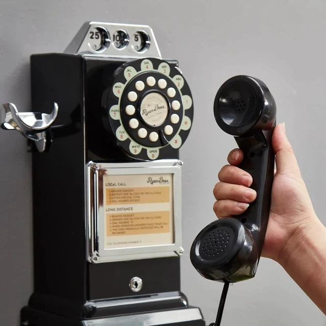 Alt view image 5 of 7 - American Retro 1950's Payphone with Coin Bank Wall-Mount Corded Phone (Black)