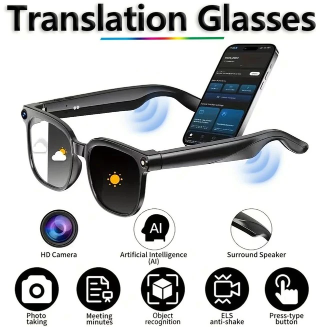 Alt view image 2 of 7 - M02S Smart AI Glasses 8MP Camera, Real-Time Translation, Bluetooth Calling, Voice Assistant, Smart Glasses for Travel/Business (Transparent lenses + Color-changing lenses)