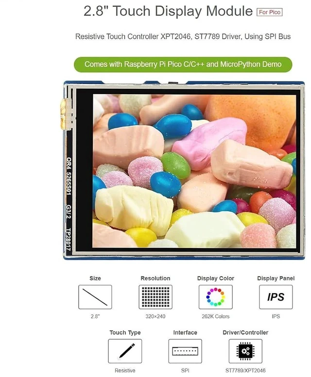 Alt view image 2 of 7 - for Raspberry Pi Pico LCD 2.8inch Touch Display Module 320×240 Resolution 262K Colors Display IPS Screen,Resistive Touch Controller XPT2046, ST7789 Driver, Using SPI Bus