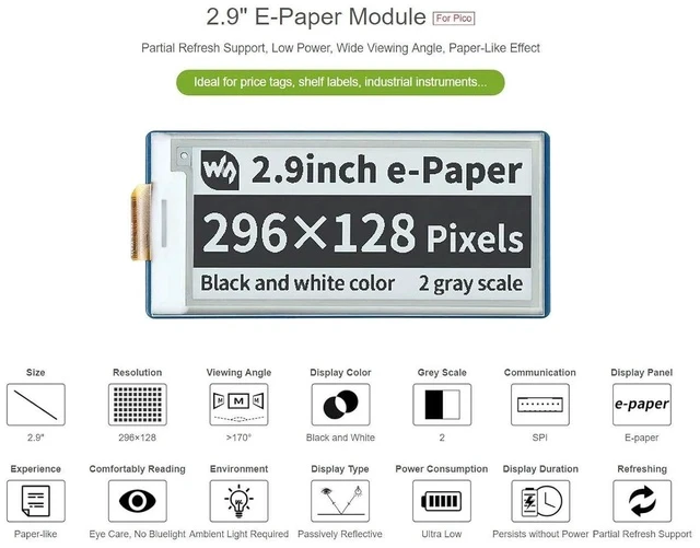 Alt view image 3 of 5 - 2.9inch E-Ink Display HAT 296×128 Pixels Black White Two Color E-Paper Module epaper Screen for Raspberry Pi Pico Microcontroller Board,SPI Interface,Support Partial Refresh