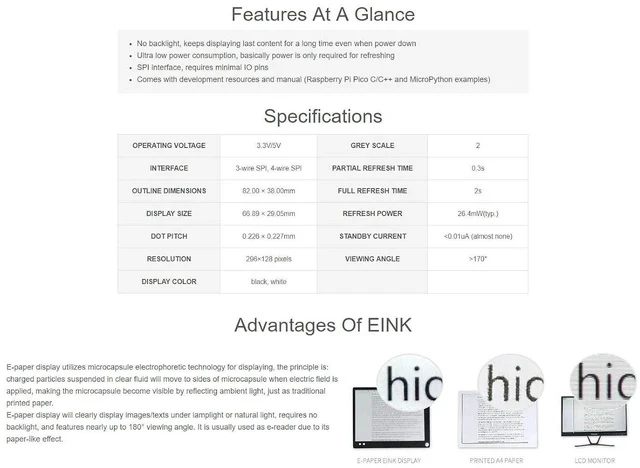 Alt view image 4 of 5 - 2.9inch E-Ink Display HAT 296×128 Pixels Black White Two Color E-Paper Module epaper Screen for Raspberry Pi Pico Microcontroller Board,SPI Interface,Support Partial Refresh