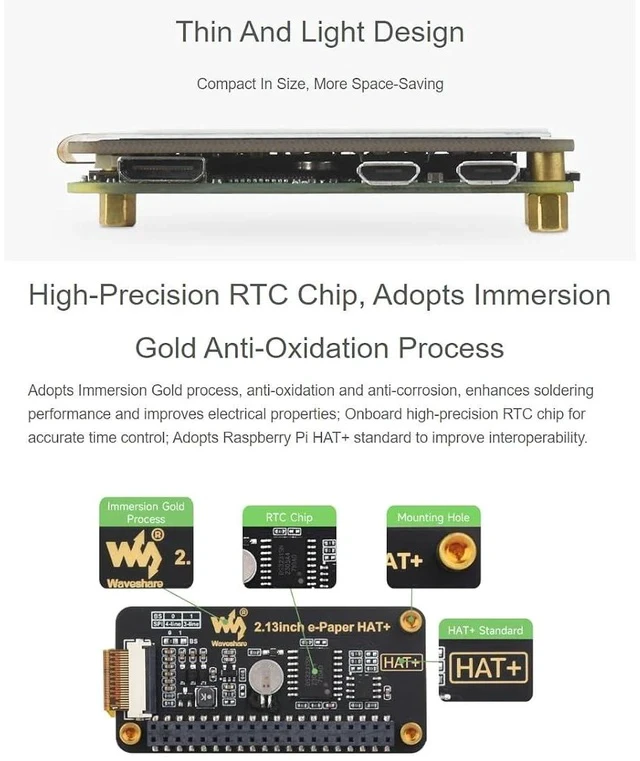 Alt view image 5 of 7 - 2.13inch E-Paper HAT+ for Raspberry Pi 5/ 4B/3B+/3B/2B/A+/Zero W/WH/Zero 2 W/Jetson Nano,250x122 Pixel 2.13inch E-Ink Display HAT Two-Color e-paper ModuleSPI Interface