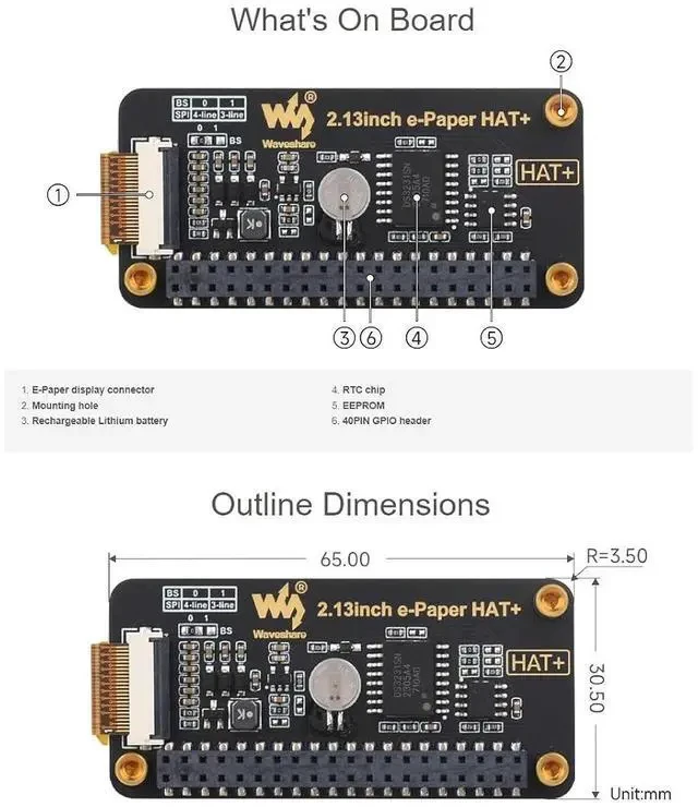 Alt view image 6 of 7 - 2.13inch E-Paper HAT+ for Raspberry Pi 5/ 4B/3B+/3B/2B/A+/Zero W/WH/Zero 2 W/Jetson Nano,250x122 Pixel 2.13inch E-Ink Display HAT Two-Color e-paper ModuleSPI Interface