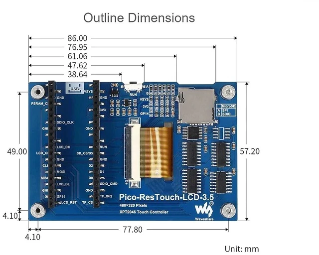 Alt view image 6 of 7 - for Raspberry Pi Pico LCD 3.5inch Touch Display Module 480×320 Resolution 65K Colors Display IPS Screen,Resistive Touch Controller XPT2046, ILI9488 Driver, Using SPI Bus