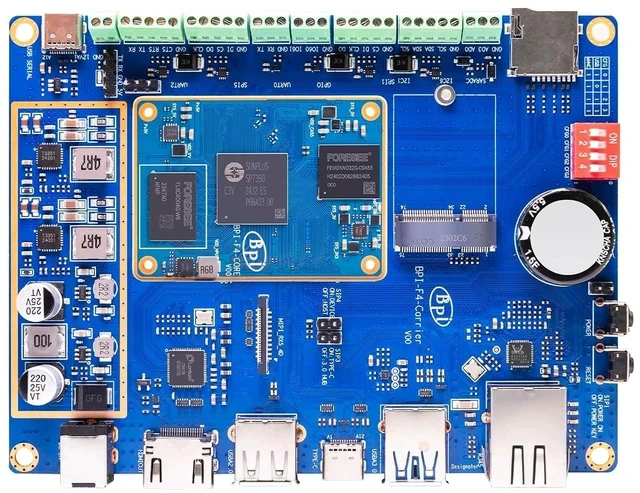 Alt view image 3 of 6 - Banana Pi BPI-F4 Industrial Control Board, Powered by Sunplus SP7350, 4GB LPDDR4, 32GB eMMC, 4.6TOPS NPU AI Solution for Robotics and Smart Devices (Standard Kit)