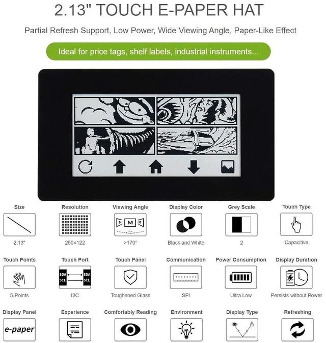 Alt view image 4 of 7 - 2.13inch Touch e-Paper HAT 250×122 Pixels Black White e-Ink Display Module eink Screen for Raspberry Pi 4B/3B+/3B/2B/Zero/Zero W/Zero WH, SPI Interface,Partial Refresh
