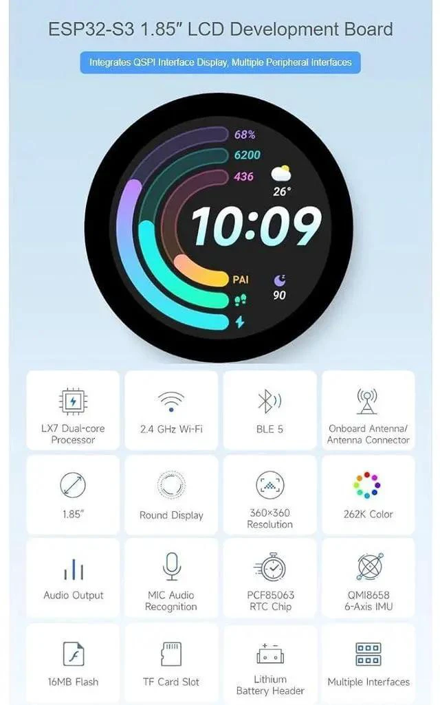 Alt view image 2 of 7 - ESP32-S3 1.85inch Round Touch Display Development Board 360×360 Resolution 262K Color LCD Screen, 32-bit LX7 Dual-core Processor,Supports WiFi & Bluetooth