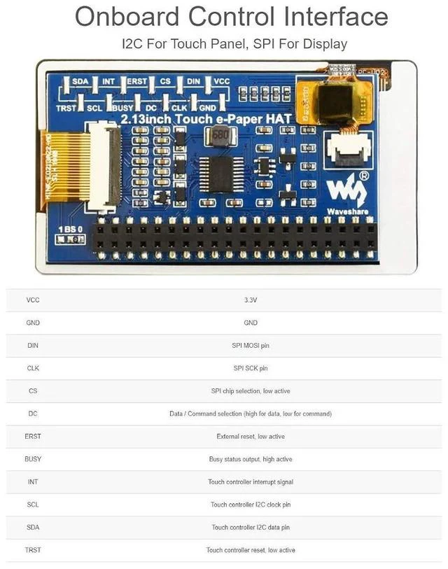 Alt view image 7 of 7 - 2.13inch Touch e-Paper HAT 250×122 Pixels Black White e-Ink Display Module eink Screen for Raspberry Pi 4B/3B+/3B/2B/Zero/Zero W/Zero WH, SPI Interface,Partial Refresh