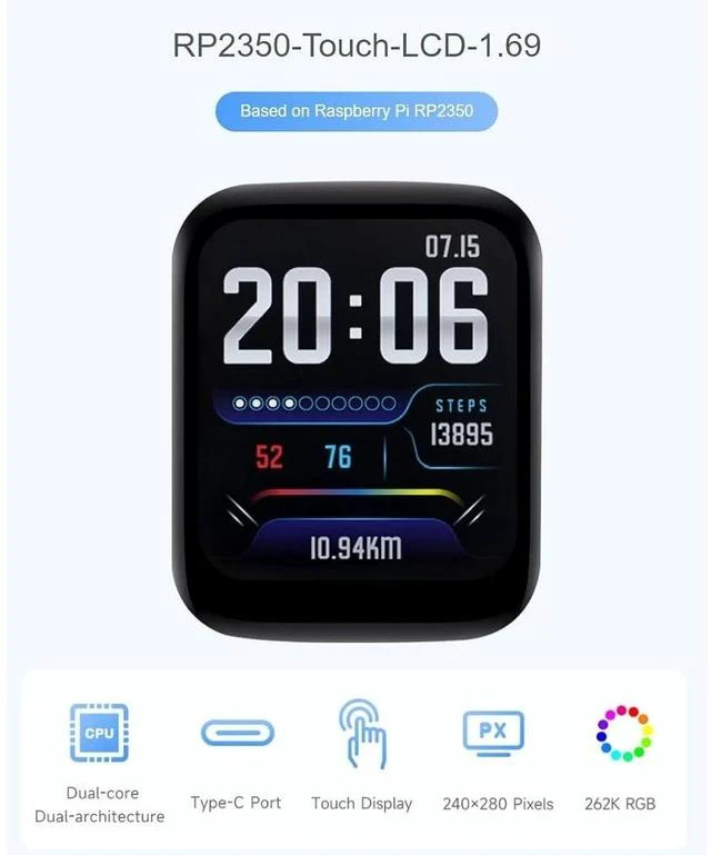 Alt view image 2 of 7 - RP2350 MCU Development Board with 1.69inch Touch LCD 240×280 Pixels 262K RGB Color Display,Dual-Core & Dual-Architecture,6-axis Sensor