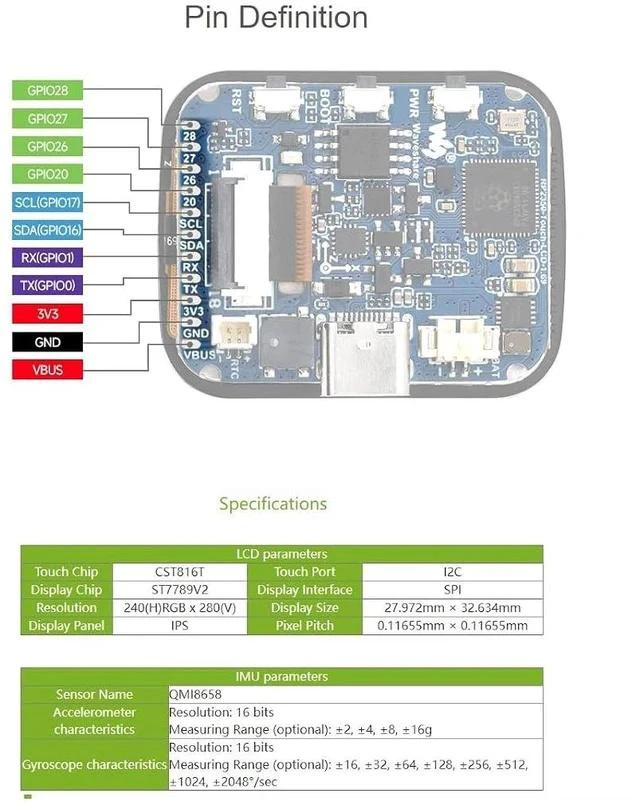 Alt view image 4 of 7 - RP2350 MCU Development Board with 1.69inch Touch LCD 240×280 Pixels 262K RGB Color Display,Dual-Core & Dual-Architecture,6-axis Sensor