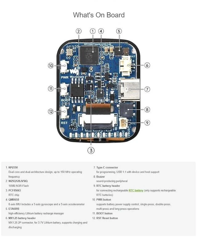 Alt view image 7 of 7 - RP2350 MCU Development Board with 1.69inch Touch LCD 240×280 Pixels 262K RGB Color Display,Dual-Core & Dual-Architecture,6-axis Sensor