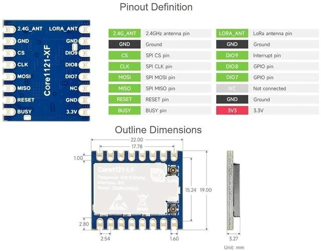 Alt view image 5 of 7 - Core1121 HF Dual-Band LoRa Module with Antenna with pre-soldered Header Based on Low-Power LoRa LR1121 Transceiver ,850-930MHz Frequency,Supports LoRa, (G)FSK, and LR-FHSS Modulation Schemes