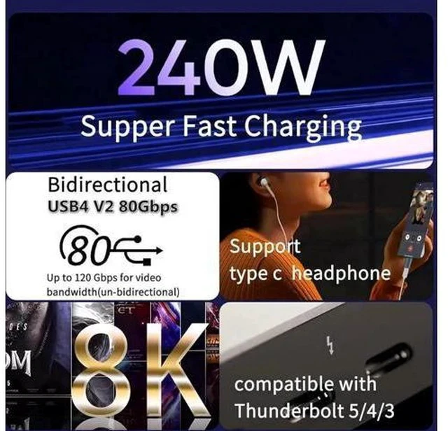 Alt view image 4 of 7 - 2 Pack 90-Degree Thunderbolt 5 USB-C Extender Adapter 80Gbps 240W PD Support 8K@60Hz Up & Down Angle