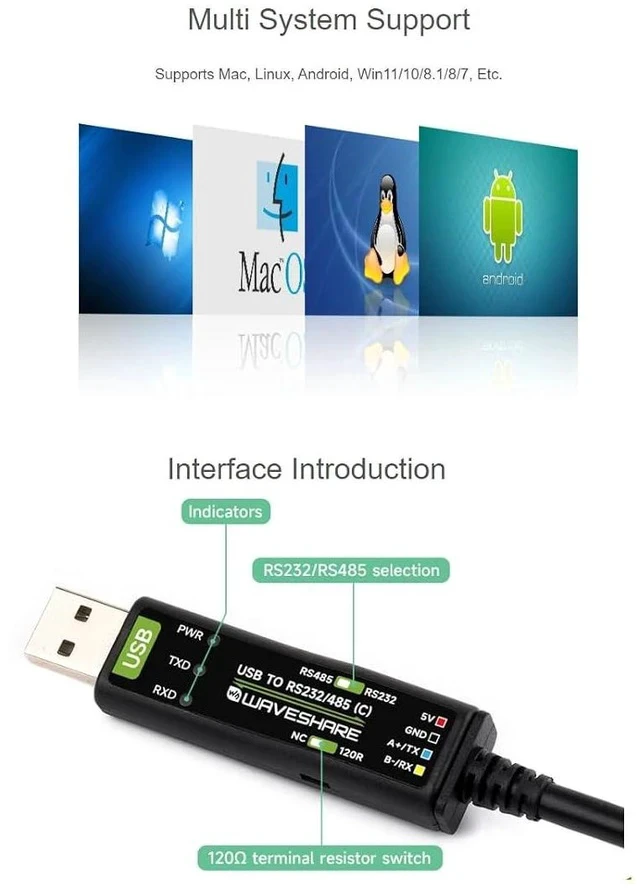 Alt view image 3 of 7 - USB to RS232/485 Serial Port Converter Adapter Cable with Original FT232RNL Chip,Supports Mac, Linux, Android, Win11/10/8.1/8/7,Supports 3.3V / 5V,RS232 / RS485 Communication Switching