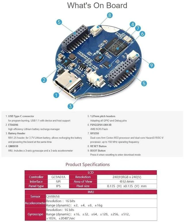 Alt view image 6 of 7 - RP2350 MCU Board with 1.28inch Round LCD with Case 240×240 Pixels 65K Color IPS Display,Dual-core & Dual-Architecture Design,6-axis Sensor