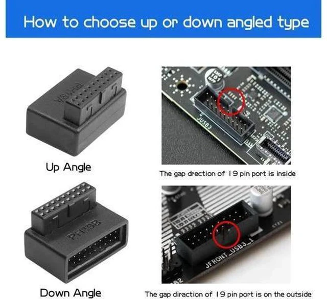 Alt view image 5 of 6 - 2 Pack 90 Degree USB 3.0 19/20 Pin Motherboard Adapter, L-Shaped Male to Female Right Angle Connector (PH19A+PH19B)