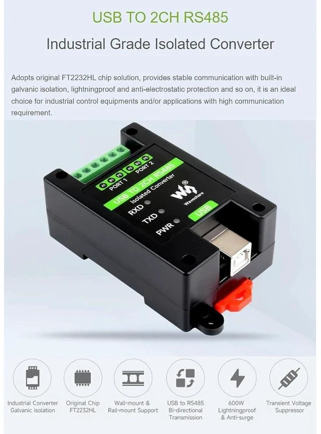 Alt view image 2 of 7 - USB to 2CH RS485 Isolated ConverterIndustrial Grade USB to RS485 Adapter Onboard Original FT2232HL Chip,Supports Win11/10/8.1/8/7, MacOS, Linux, Android,Transmission Distance Up to 1.2km,