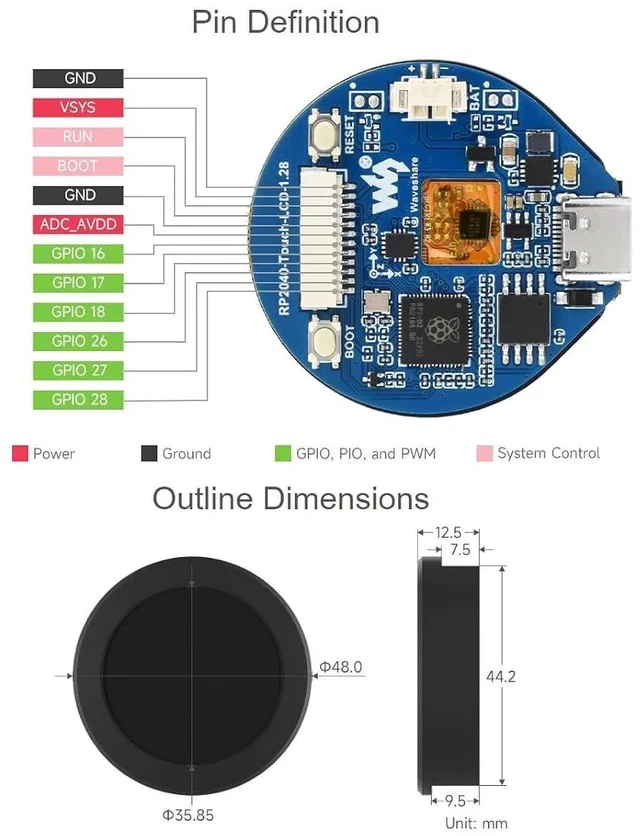 Alt view image 7 of 7 - RP2040 MCU Board with 1.28inch Round Touch LCD B with CNC Metal Case 240×240 Pixels 65K RGB Color IPS Display, Based on Raspberry Pi RP2040,Onboard Accelerometer and Gyroscope Sensor