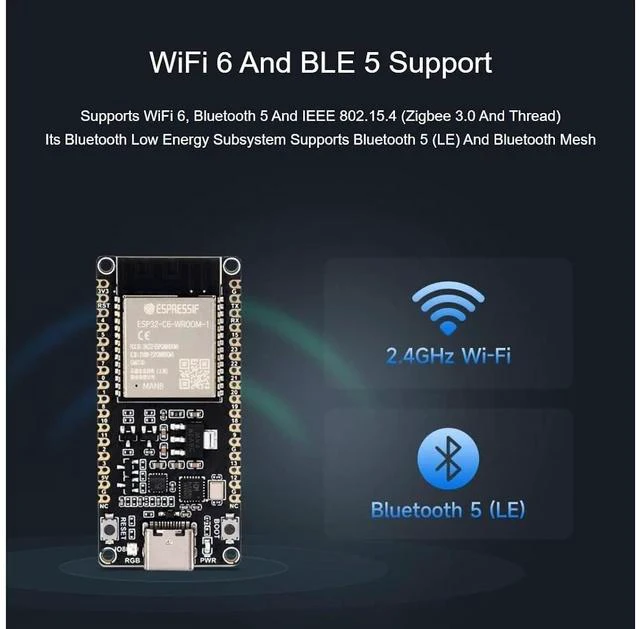 Alt view image 4 of 7 - ESP32-C6 Microcontroller WiFi 6 Development Board with Pre-soldered Header Onboard ESP32-C6-WROOM-1-N8 Module,RISC-V 32-bit Sngle-core Processor, WiFi 6+Bluetooth 5+IEEE 802.15.4