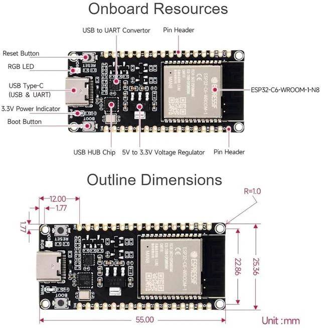 Alt view image 5 of 7 - ESP32-C6 Microcontroller WiFi 6 Development Board with Pre-soldered Header Onboard ESP32-C6-WROOM-1-N8 Module,RISC-V 32-bit Sngle-core Processor, WiFi 6+Bluetooth 5+IEEE 802.15.4