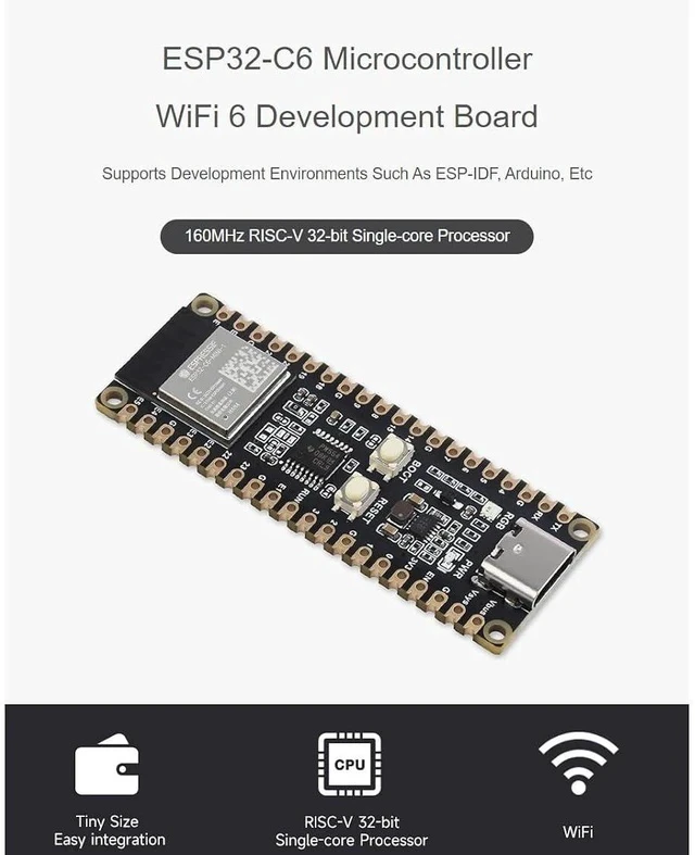Alt view image 2 of 7 - ESP32-C6 Microcontroller WiFi 6 Development Board with Pre-soldered Header Onboard ESP32-C6-MINI-1 with RISC-V 32-bit Sngle-core Processor, WiFi 6+Bluetooth 5+IEEE 802.15.4