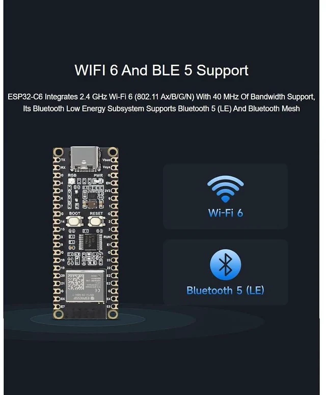Alt view image 4 of 7 - ESP32-C6 Microcontroller WiFi 6 Development Board with Pre-soldered Header Onboard ESP32-C6-MINI-1 with RISC-V 32-bit Sngle-core Processor, WiFi 6+Bluetooth 5+IEEE 802.15.4