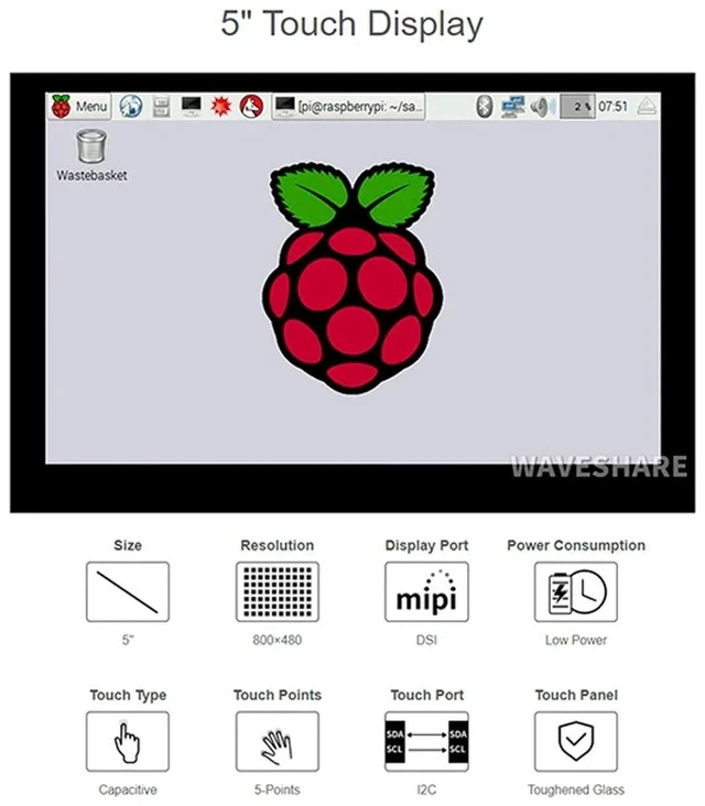 Alt view image 3 of 7 - Compatible with Raspberry Pi Touchscreen 5inch DSI LCD Touch Screen 800×480 Resolution TFT LCD Display Monitor for Raspberry Pi Model 4B/3B+/3A+/3B/2B/B+/A+,CM3/3+